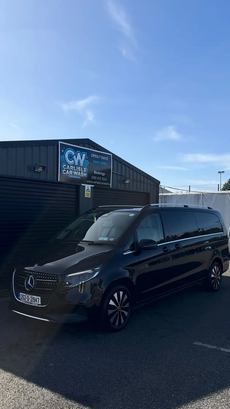 Black Mercedes-Benz V-Class van after an exterior wash at Carlisle Car Wash